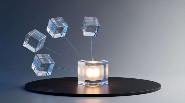 Abstract 3D Rendering of Glowing Glass Data Cubes Connected to a Central Network Core Concept