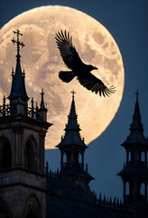 Naklejka premium Raven flying over gothic church spires against a full moon at night, mystery and halloween