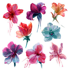 Fototapeta premium Painterly Amaryllis Rose and Orchid Flower Set with Drip Effect - Watercolor Botanical Floral Illustration PNG Clip Art for Wedding Invitation Greeting Card and Design