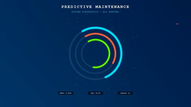 Predictive maintenance monitoring interface features loading circular charts with bright neon light arcs against a deep navy blue void to display system health progress status updates