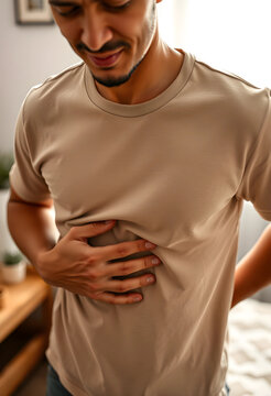 Young man experiencing abdominal pain, stomach ache, or indigestion, holding his side with discomfort and health issues