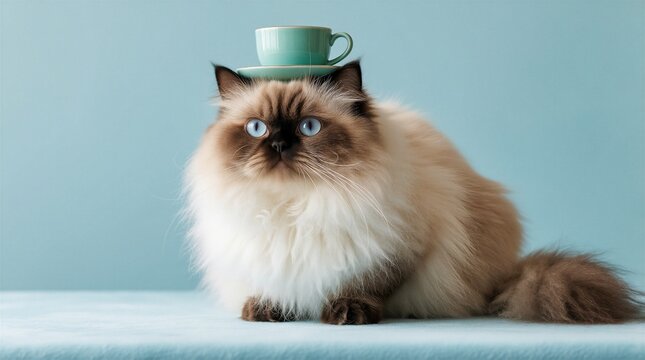 Fluffy cat with vibrant blue eyes balances a teacup on its head. This cute domestic animal sits against a soft blue studio backdrop, looking calm. Whimsical pet portrait.