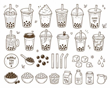 Cute doodle set of bubble tea, milk tea cups, tapioca pearls, straws, ice cubes, and ingredients, hand-drawn outline style vector illustration collection