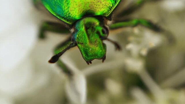 Golden scarab beetle cetonia aurata eating pollen on white flowers in macro 4k video, capturing stunning iridescent green details and wildlife