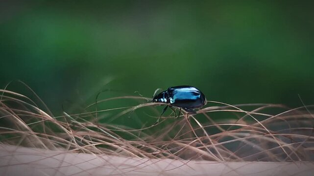 Flea beetle altica insect trapped and struggling to crawl through human hair in macro 4k video, capturing bizarre unexpected wildlife close up