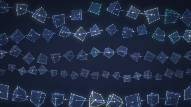 Blockchain cubes glowing wireframe blocks linked in a digital data network seamless loop in deep blue tones