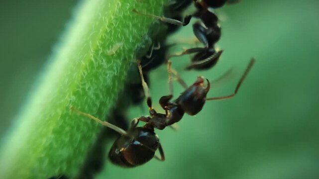 Ants running and protecting aphids on plant stem in macro 4k video, capturing symbiosis, insect behavior and wildlife farming in nature