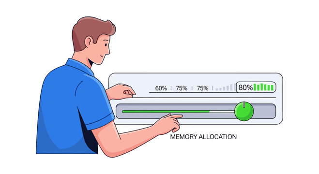 A male software engineer manages system resources by dragging a slider to adjust memory allocation percentages on a digital interface to ensure high performance and efficiency for computing