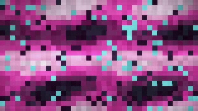 Digital glitch transition with RGB split, blocky displacement and static noise bursts, seamless loop in deep cyan tones
