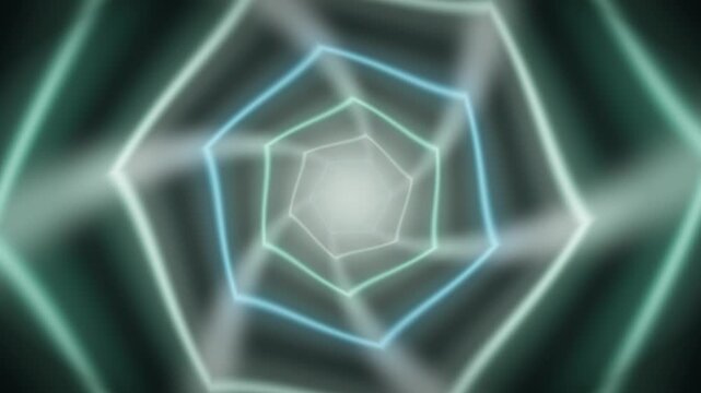 Geometric neon tunnel flythrough concentric polygon rings vanishing point seamless loop in subtle emerald tones