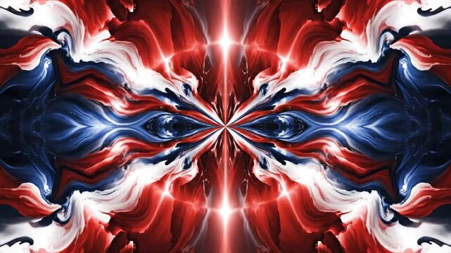 Abstract symmetrical pattern with flowing red and blue liquid colors
