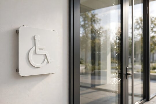 A white accessibility sign with a wheelchair symbol mounted on a wall next to a modern glass entrance door, reflecting sunlight.