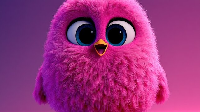 Cute fluffy pink bird character. Adorable 3D creature with big eyes on gradient background.