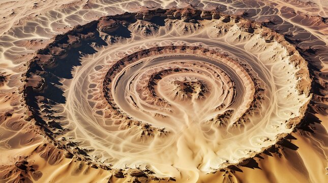 Aerial view of Richat Structure in Sahara desert Mauritania. Circular geological formation eroded by wind and sand. Desert landscape with concentric rock layers and arid terrain.
