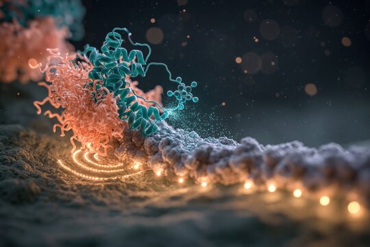 DNA strand molecular structure. Genetic engineering concept with glowing biological particles.