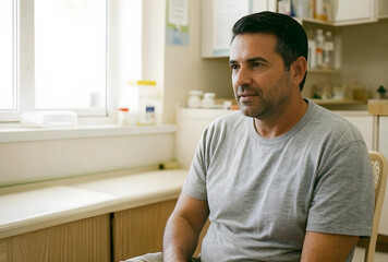 Fototapeta premium Mature man with dark hair and stubble sitting in a room with a window, looking away thoughtfully, the man wears a grey t-shirt