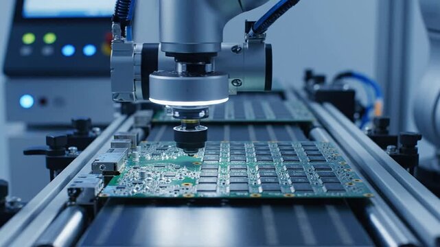 Close-Up Inspection of Circuit Board by Robotic Arm in High-Tech Manufacturing Facility