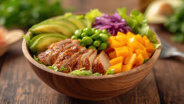 A colorful poke bowl featuring grilled chicken, avocado, mango, edamame, red cabbage, and lettuce provides a nutritious meal choice.