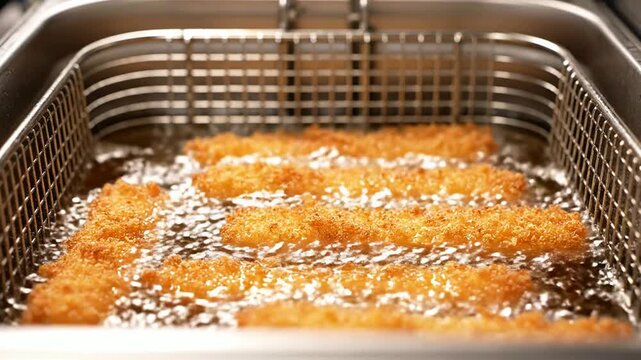 Close-Up Of Crispy Fish Fillets Frying In Hot Oil In A Commercial Deep Fryer