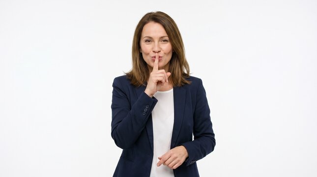A woman in a suit making a shushing gesture, asking for silence. She is wearing a dark blue blazer over a white shirt and has short brown hair