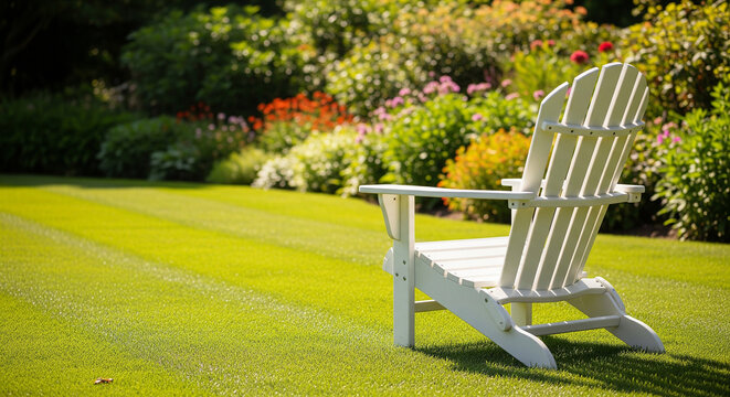 Single white chair sitting on perfectly striped green grass in a lush sunny garden perfect for tranquil landscape design backgrounds