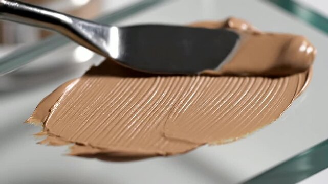 Close-Up of Liquid Foundation Being Spread on a Mirror Surface With a Spatula for Makeup Application and Beauty Demonstration
