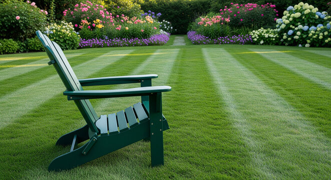 Empty green wooden chair on a fresh mowed lawn in a peaceful summer garden perfect for relaxing nature concepts and outdoor backgrounds