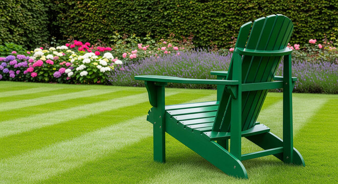 Vibrant green chair on a beautifully manicured lawn perfect for peaceful summer garden relaxation and tranquil outdoor nature backgrounds