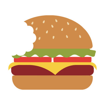 Stylized gourmet burger with a bite mark showing layers of beef cheese lettuce and tomato in a bold minimalist flat graphic style food design concept