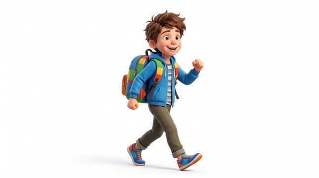 Happy cartoon boy with backpack walking to school