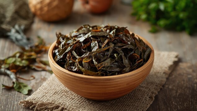 A dish of dehydrated seaweed.