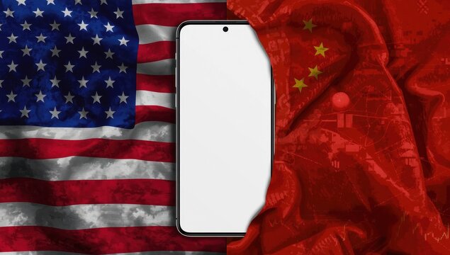 USA and China flags alongside a blank cellphone screen. Concept of trade war or economic conflict.