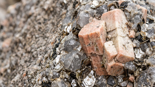Feldspar crystals embedded in pegmatite rock formation showcasing unique mineral textures. Bright feldspar crystals contrast with gray mineral matrix in natural environment.