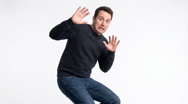 Man expressing fear and surprise with his hands up defensively