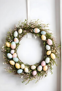 Pastel easter egg wreath with spring foliage and decorative elements hanging on a white wall for holiday celebration