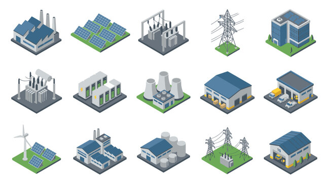 Isometric industrial buildings and infrastructure icons set.