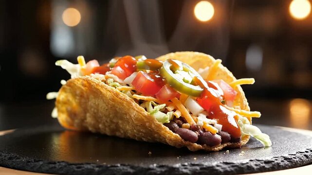 Delicious Taco Filled With Black Beans, Shredded Lettuce, and Fresh Vegetables on a Slate Plate in a Restaurant Setting
