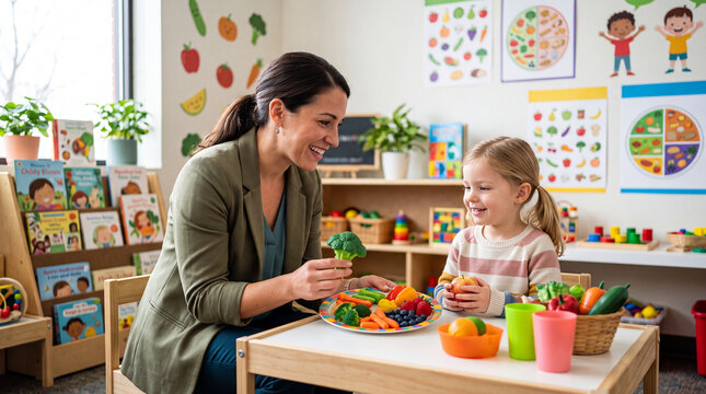 Caring Educator Playing Educational Game with Little Girl Using Toy Vegetables in Bright Kindergarten Setting.