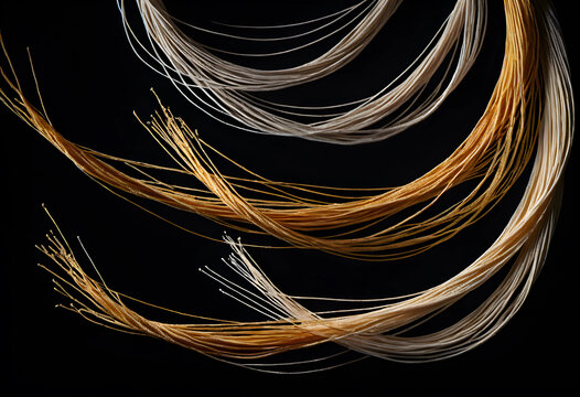 Composition of golden and silver threads creating flowing curves on a dark background, the intricate texture and metallic sheen of the fibers provide a sense of luxury and modern design