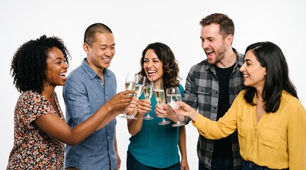 Obraz premium Cheers to Friendship: A vibrant group of diverse friends clinks glasses filled with champagne, celebrating a joyful moment of connection and togetherness.