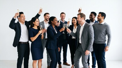 Obraz premium Celebration of Success: A diverse group of business professionals toast with champagne flutes, celebrating a collective achievement with smiles and raised glasses.