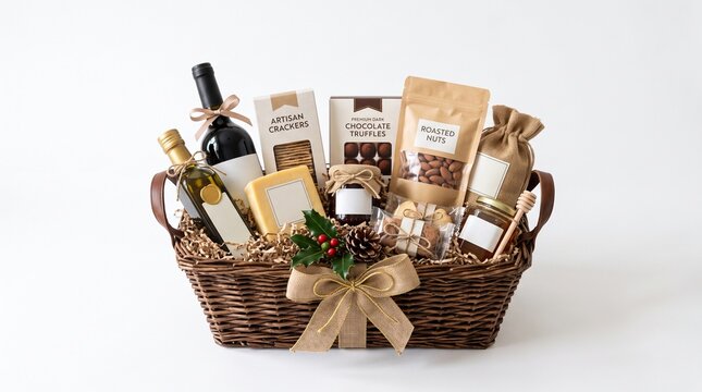 Gourmet Gift Basket Overflowing with Delicacies: A beautifully arranged wicker basket brimming with a selection of fine foods and wine, perfect for any occasion. Features wine bottles.