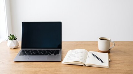 Fototapeta premium Clean Workspace: A minimalist desk setup featuring a laptop, open notebook with pen, and a coffee mug, embodying productivity and focus in a modern, bright setting.