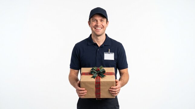 Friendly Delivery Person Holding Gift Box: A smiling delivery person in uniform holds a wrapped gift box, ready for delivery, conveying a sense of helpfulness and festive cheer.
