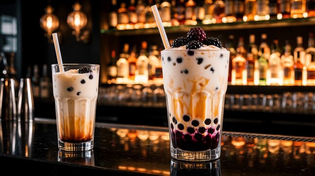 Two tall glasses of cold iced boba milk tea sit on dark bar counter. Creamy beverages contain sweet black tapioca pearls, fresh blackberries. Blurred bottles line shelf in background. Refreshing