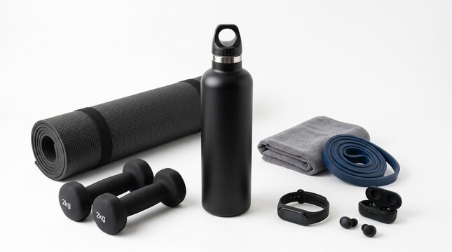 Fitness Gear Ready for Workout: A collection of fitness essentials, including dumbbells, yoga mat, water bottle, resistance band, and wireless earbuds, are neatly arranged.