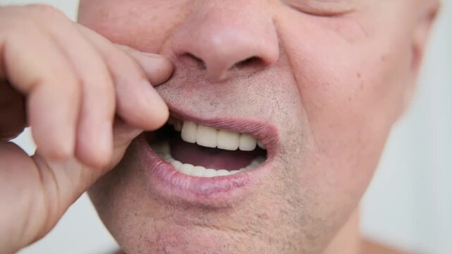 closeup funny senior man showing dental bridge and natural teeth, partial denture visible, mixed teeth, oral health, dental prosthetics, emotional smile, stomatology, before and after open-mouthed