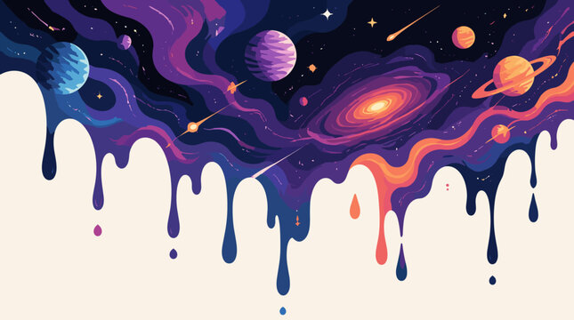 Abstract space galaxy melting drip art with planets and stars