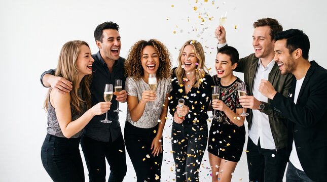 Confetti Celebration: A vibrant group of friends joyfully celebrating with champagne amidst a shower of confetti, radiating happiness and conviviality.