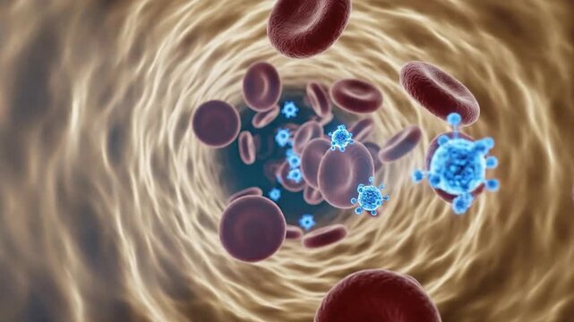 Dynamic Visualization of Red Blood Cells Interacting with Blue Virus Particles in a Blood Vessel Showing Cellular Biology and Pathogens in Action